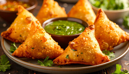 Delicious Indian samosas with spicy filling. Crispy fried snack. Tasty food. Cooking and culinary