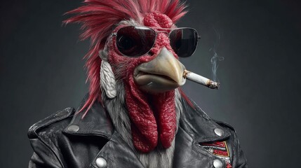 A rooster displays a unique personality in a leather jacket and sunglasses, smoking a cigarette. The colorful and edgy look suggests a rebellious or punk attitude, set against a dark background.