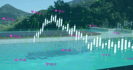 Showing chart overlaying pool at resort, with neon line graph, candlesticks and pink indicators