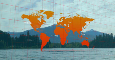 Displaying orange world map overlay over alpine lakeshore, with red grid lines and lake buoys