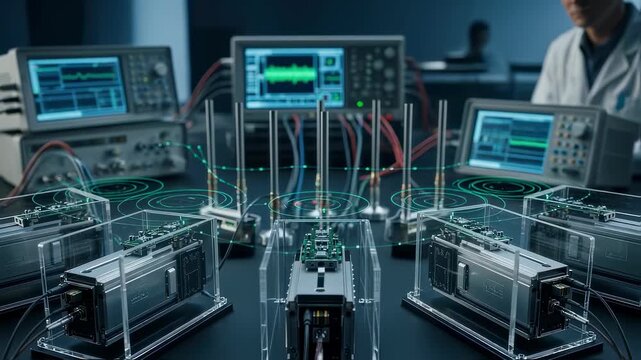 Laboratory setup featuring isolated smart munition guidance modules undergoing electromagnetic interference testing during calibration.