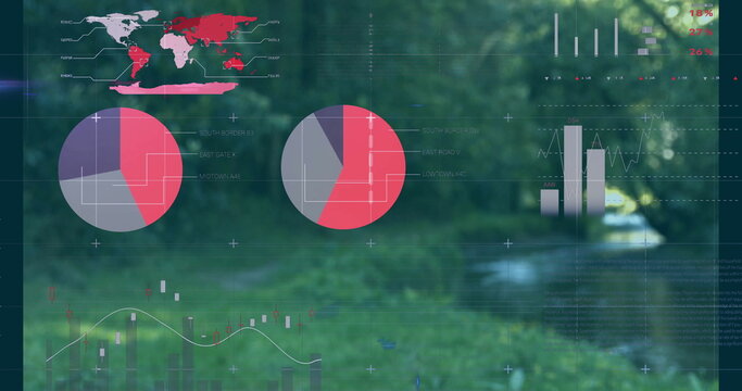 Digital data overlay presenting world map pie charts bar and line graphs in lush forest creek
