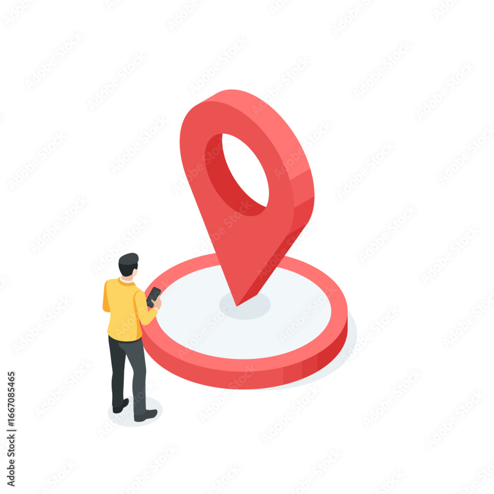 Poster isometric vector icon of location on round platform and business man with smartphon, in color on whi