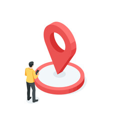 isometric vector icon of location on round platform and business man with smartphon, in color on white background, isometric vector concept business people around big magnifying glass and man with arm