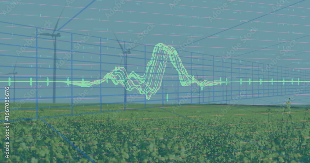 Poster displaying 3d grid overlay visualizing energy data over wind farm field, with green waveform line