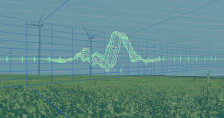 Displaying 3D grid overlay visualizing energy data over wind farm field, with green waveform line