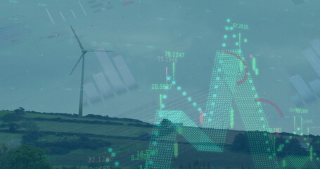 Combining wind turbine rising in rural wind farm, with hedges trees neon candlestick charts overlay
