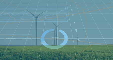 Displaying central wind turbine rotating over rural wind farm, with grid and graph overlay