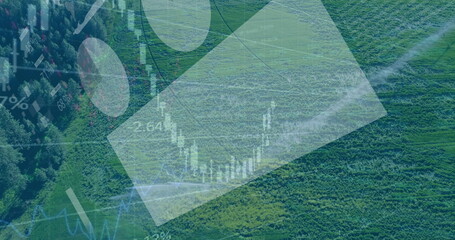 Overlaying aerial farmland view with translucent candlestick charts, line graphs, and percentages