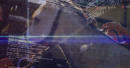 Grooming women brushing horse neck and holding lead rope at stable yard, with binary code graphics