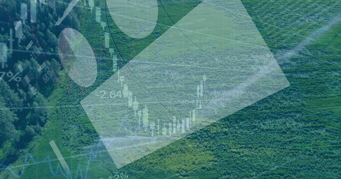 Overlaying aerial farmland view with translucent candlestick charts, line graphs, and percentages - Powered by Adobe