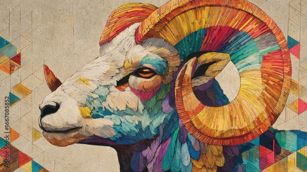 Poster a creatively designed ram features a striking array of vibrant colors and intricate patterns, set ag