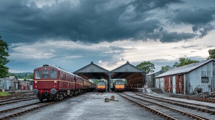 Fototapeta premium Two vintage locomotives are stationed under a large, rustic shed at a railway station. The sky is filled with dark clouds, hinting at an approaching storm.