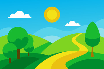 Obraz premium Bright sunny day over rolling green hills with winding yellow path