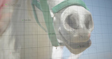 Showing horse muzzle wearing bright green halter in paddock, with grid overlay, copy space