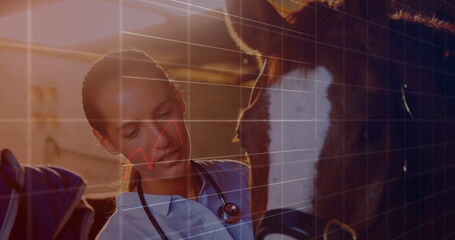 Leaning veterinarian in scrubs listening to horse with halter stethoscope by stall bars, copy space