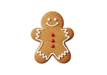 Close-up of a cheerful gingerbread man cookie, decorated with white icing and red sprinkles, against a black background.
