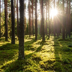 Obraz premium Sunlight filtering through pine trees in a mossy forest floor.