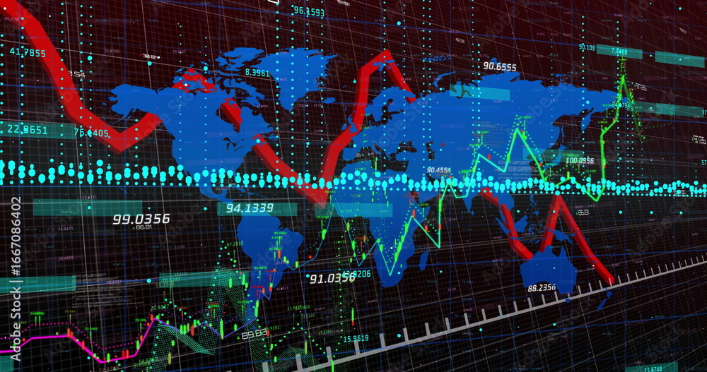Aufkleber displaying global data graph at analytics dashboard, with blue world map and red green line charts