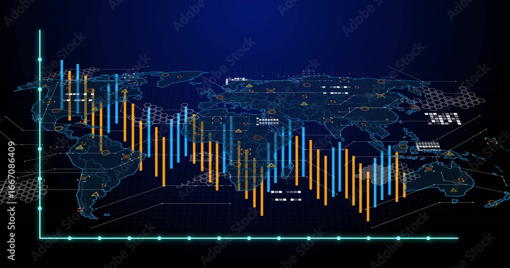 Poster displaying world map with orange, blue bar charts on dashboard, glowing grid and hexagonal overlays