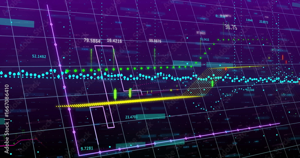 Aufkleber displaying data chart on console grid matrix, showing yellow trend line, teal points, green markers