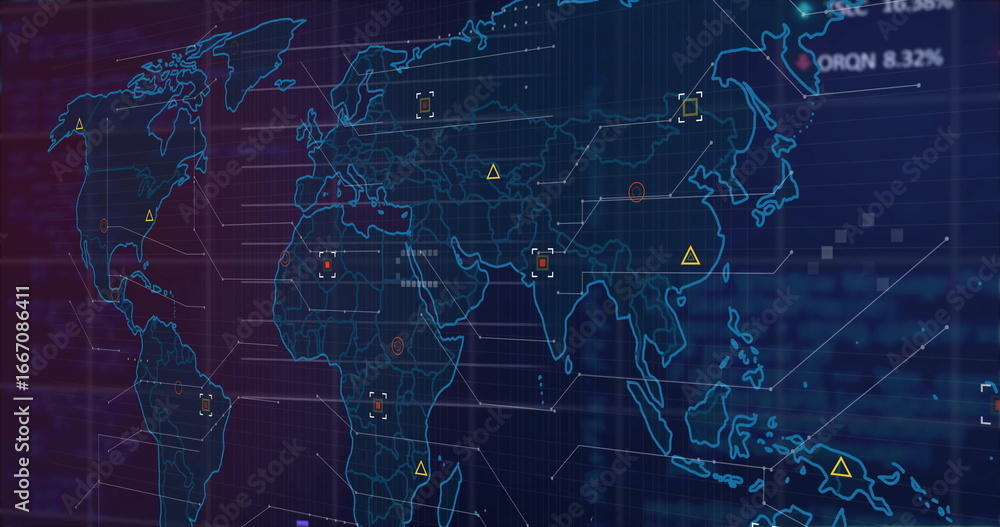 Poster displaying neon-blue world map glowing over dark grid backdrop, with network lines and data icons