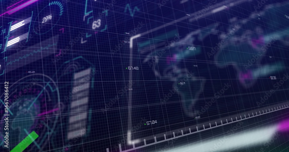 Poster animating ui panels projecting line charts and bar graphs in virtual dashboard, with neon markers