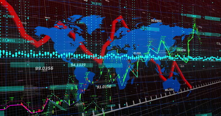 Displaying global data graph at analytics dashboard, with blue world map and red green line charts