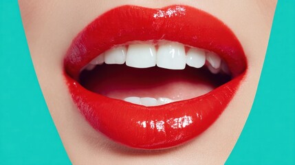 Obraz premium A close-up of a pair of vibrant red lips showcases glossy lipstick and perfectly aligned white teeth. The bold contrast with the turquoise background emphasizes the makeup's creativity.