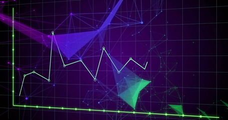 Displaying neon green line graph rising on dark purple grid interface, with glowing mesh networks © vectorfusionart