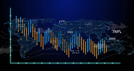 Displaying world map with orange, blue bar charts on dashboard, glowing grid and hexagonal overlays