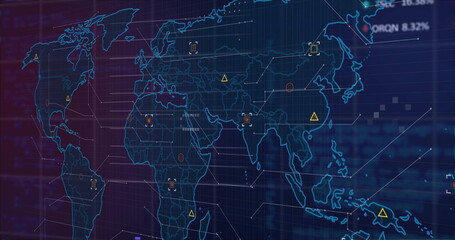 Displaying neon-blue world map glowing over dark grid backdrop, with network lines and data icons