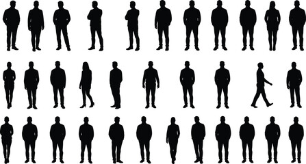Silhouette vector of diverse people standing, walking, posing in casual outfits, isolated black figures, business and casual mix on white background