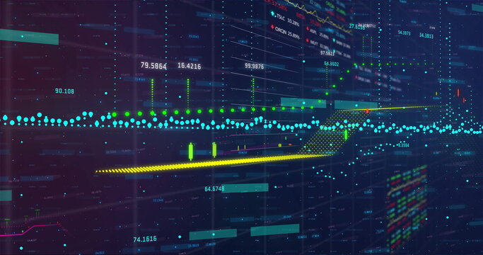 Showing financial data on trading platform with turquoise scatter, bars, labels and percentages