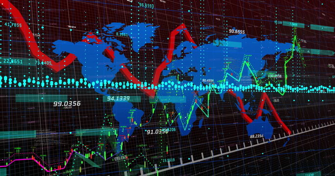 Displaying global data graph at analytics dashboard, with blue world map and red green line charts