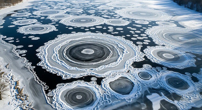 Aerial view of ice formations on a frozen lake during the winter day