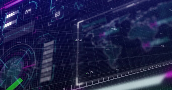 Animating UI panels projecting line charts and bar graphs in virtual dashboard, with neon markers