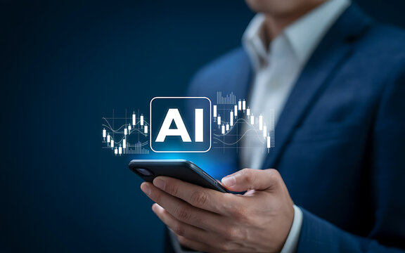 Ai stock analysis on smartphone held by a suited person on transparent background
