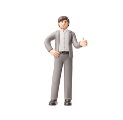 Brunette businessman in a suit standing and showing thumb up hand gesture, 3D vector approval office manager full height