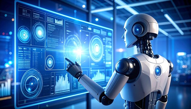 Robot interacts with digital data.