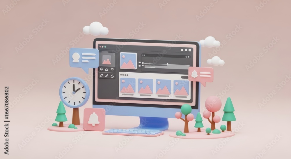 Poster 3d render of a computer screen with a digital interface and cartoonish landscape