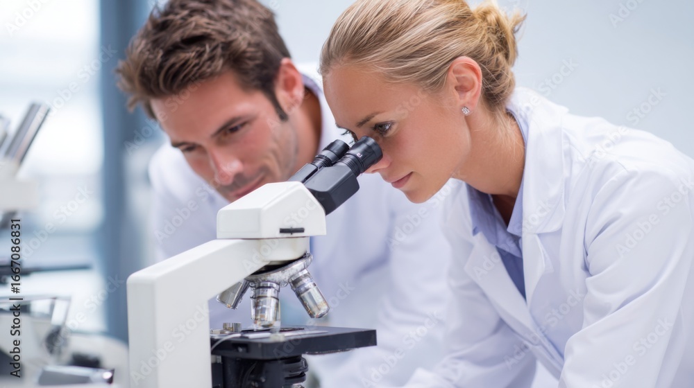 Poster two scientists are engaged in a research project, closely analyzing samples through a microscope in 