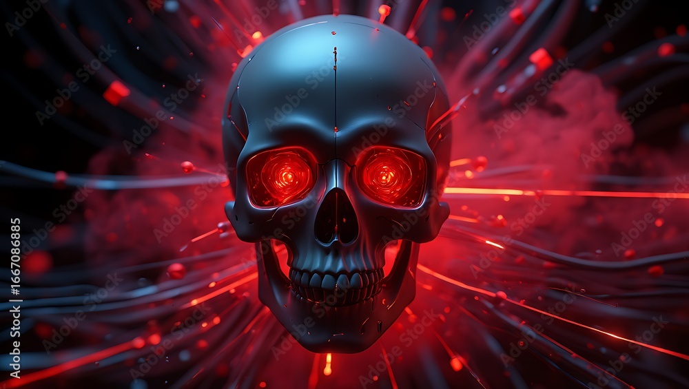 Poster A futuristic metallic skull with glowing red eyes emanates a powerful energy field of red light and digital data streams creating a dark and ominous cyberpunk aesthetic