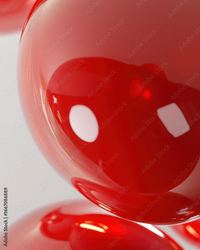 Poster close-up of glossy red spheres stacked against a soft white background, creating an artistic display