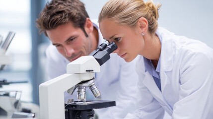 Two scientists are engaged in a research project, closely analyzing samples through a microscope in a modern laboratory environment. Their focus reflects dedication to discovery.