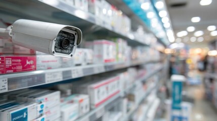 A security camera is positioned above rows of neatly arranged pharmaceutical products on shelves in a busy retail space. The store is brightly lit, indicating a vibrant shopping environment.