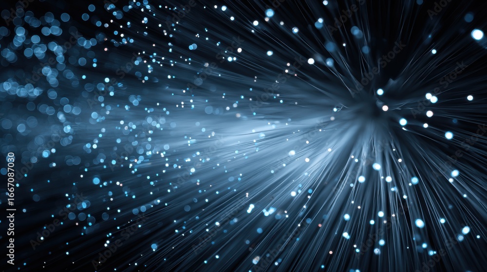 Poster bright particles scatter and form light beams in a dark space, creating a mesmerizing abstract visua