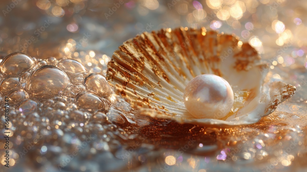 Poster a pristine pearl rests elegantly in an open seashell.