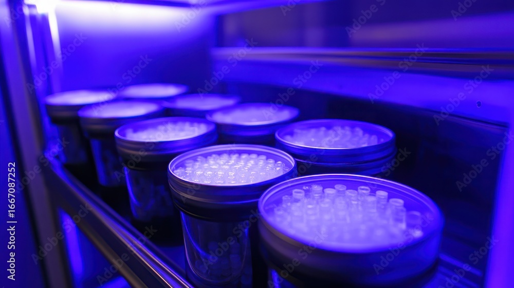 Aufkleber close-up of illuminated storage containers filled with small tubes in a modern lab setting