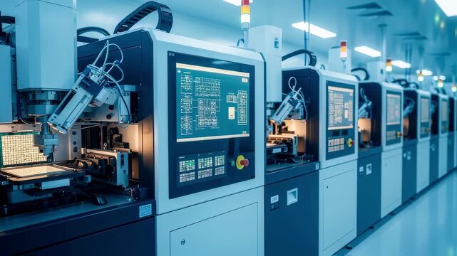 Rows of highprecision electronbeam lithography maskwriter units arranged inside a temperaturecontrolled vault for semiconductor fabrication.